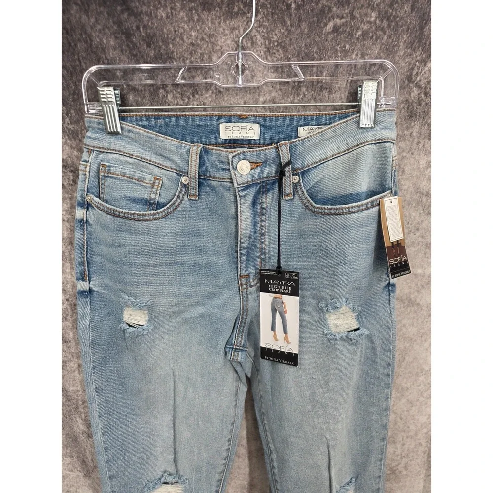 Sofia Jeans Womens 6 Blue High Rise Cropped Flare Denim Raw Hem Distressed New - Picture 3 of 16